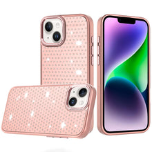 For iPhone 13/14 Case Rhinestone Faux Crystals Chrome Plated + Tempered Glass