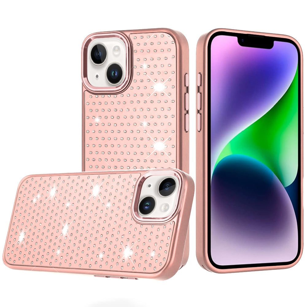 For iPhone 13/14 Case Rhinestone Faux Crystals Chrome Plated + Tempered Glass