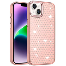 For iPhone 13/14 Case Rhinestone Faux Crystals Chrome Plated + Tempered Glass
