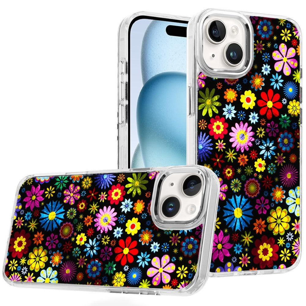 For iPhone 15 Case Cute In Mold Design w/ Metallic Buttons + 2 Tempered Glass