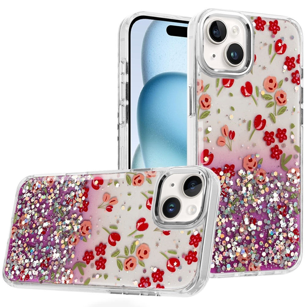 For iPhone 15 Case Cute In Mold Design w/ Metallic Buttons + 2 Tempered Glass