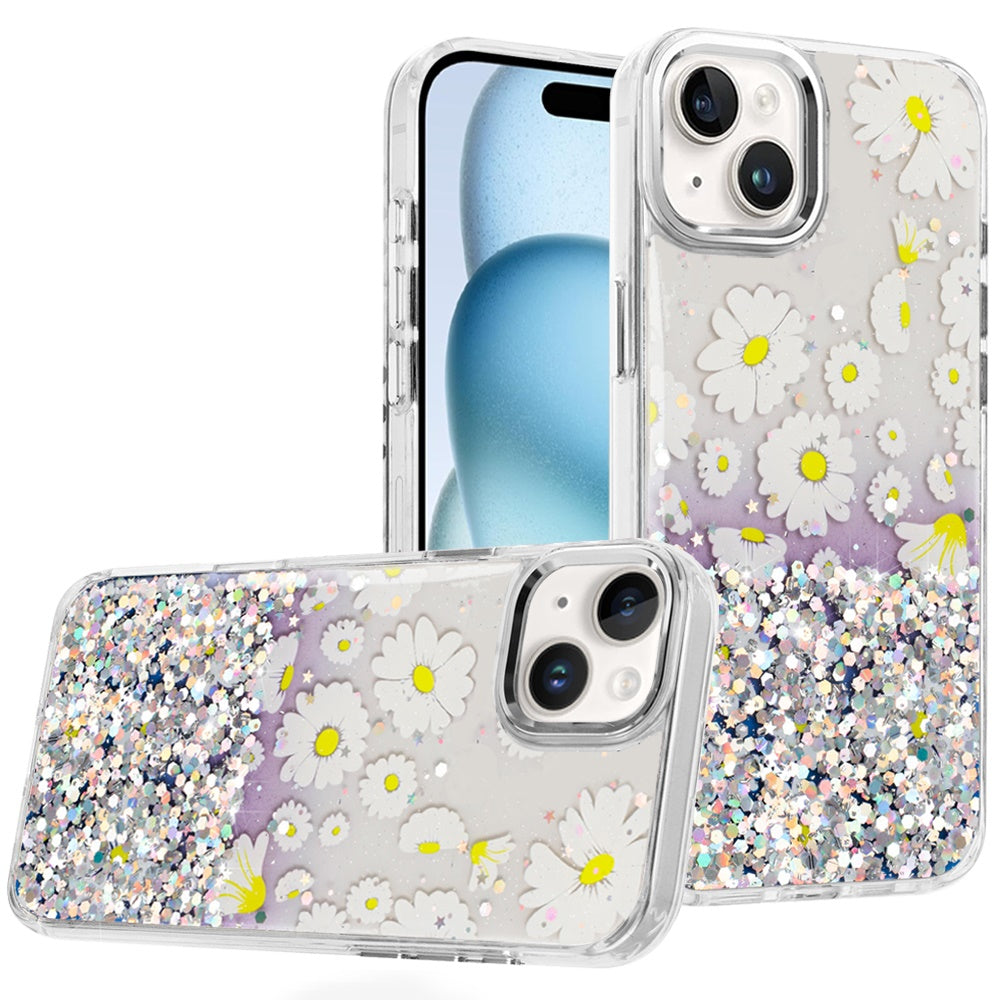 For iPhone 15 Case Cute In Mold Design w/ Metallic Buttons + 2 Tempered Glass
