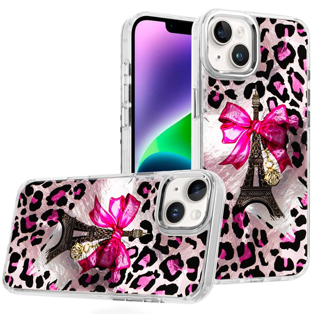For iPhone 13/14 Case Cute In Mold Design w/ Metallic Buttons + Tempered Glass