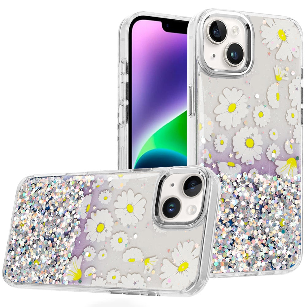 For iPhone 13/14 Case Cute In Mold Design w/ Metallic Buttons + Tempered Glass