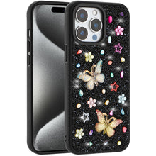 For iPhone 15 Pro Max Case Butterfly 3D Jewel Glitter Cover + 2 Tempered Glass
