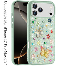 For iPhone 17 Pro Max Case Butterfly 3D Jewel Glitter Bling + Tempered Glass