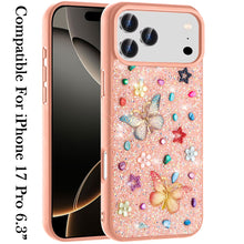For iPhone 17 PRO Case Butterfly 3D Jewel Glitter Bling Cover + Tempered Glass