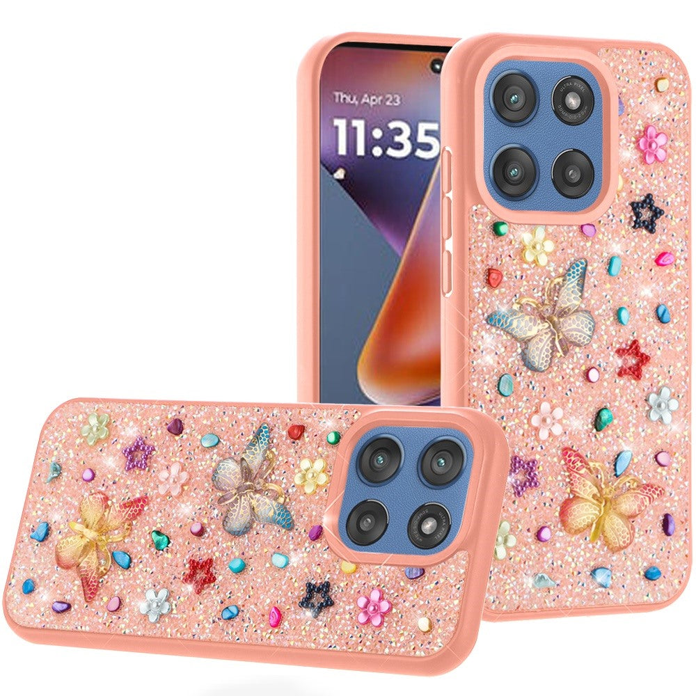 For Moto G 2025 Case Butterfly 3D Jewel Glitter Bling Cover + Tempered Glass