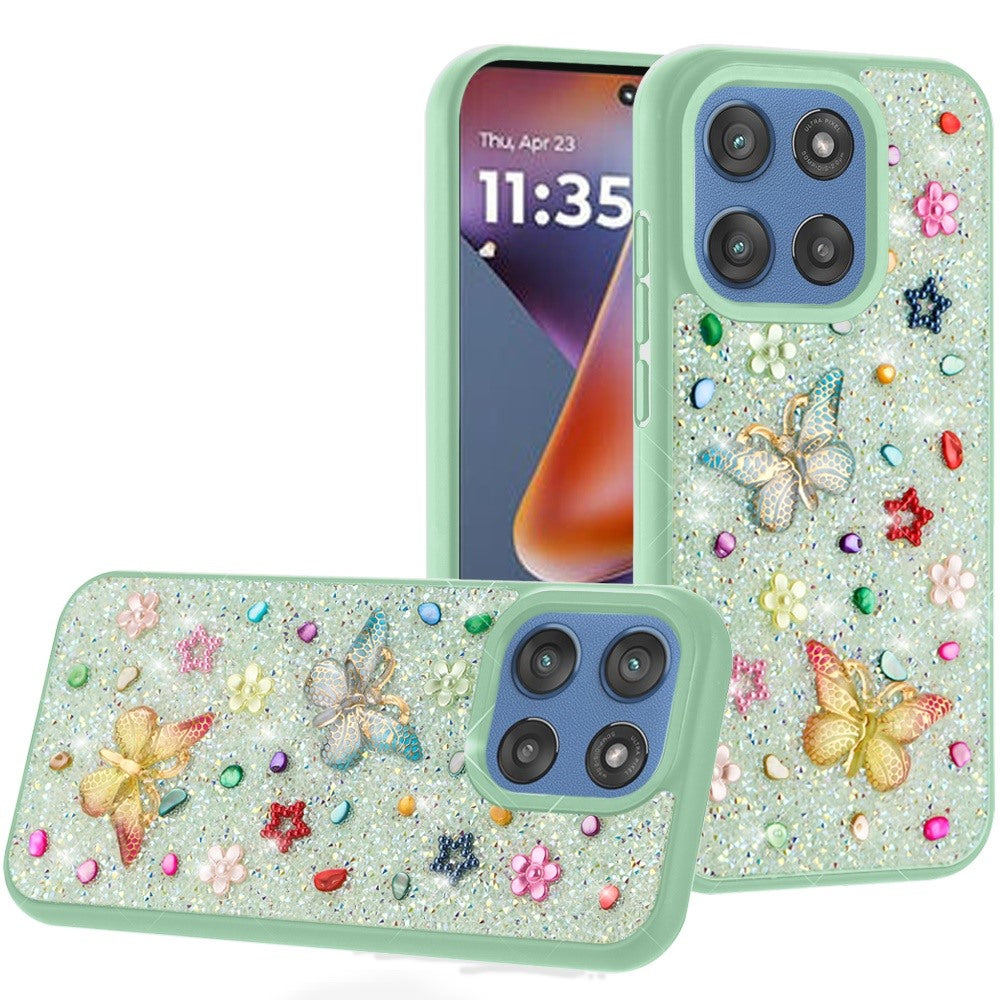 For Moto G 2025 Case Butterfly 3D Jewel Glitter Bling Cover + Tempered Glass