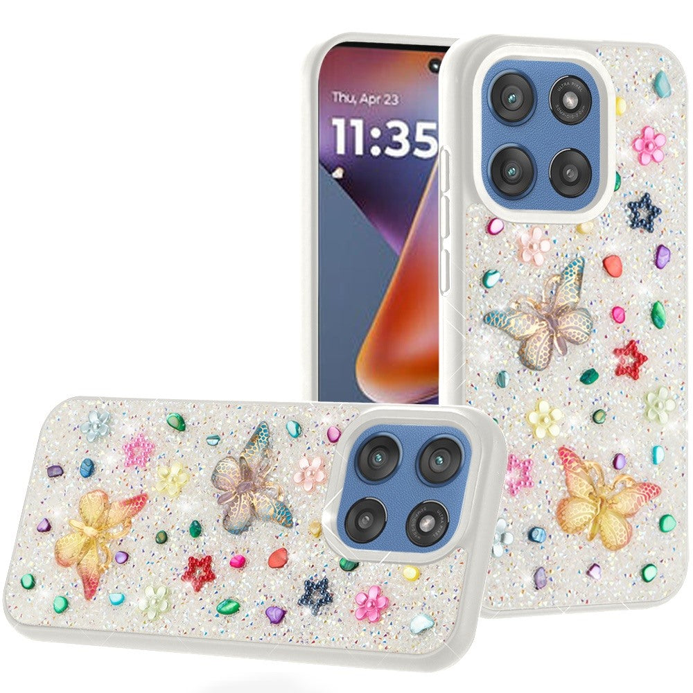 For Moto G 2025 Case Butterfly 3D Jewel Glitter Bling Cover + Tempered Glass
