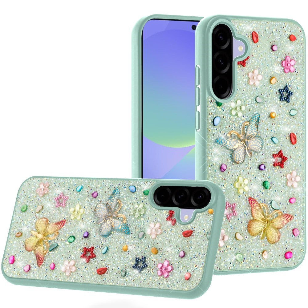 For Samsung A36 Case Butterfly 3D Jewel Glitter Bling Cover + Tempered Glass