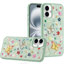 For iPhone 16 Plus 6.7in Case Butterfly 3D Jewel Glitter Bling + Tempered Glass