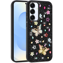 For Samsung S25/S24 Case Butterfly 3D Jewel Glitter Bling Cover + Tempered Glass