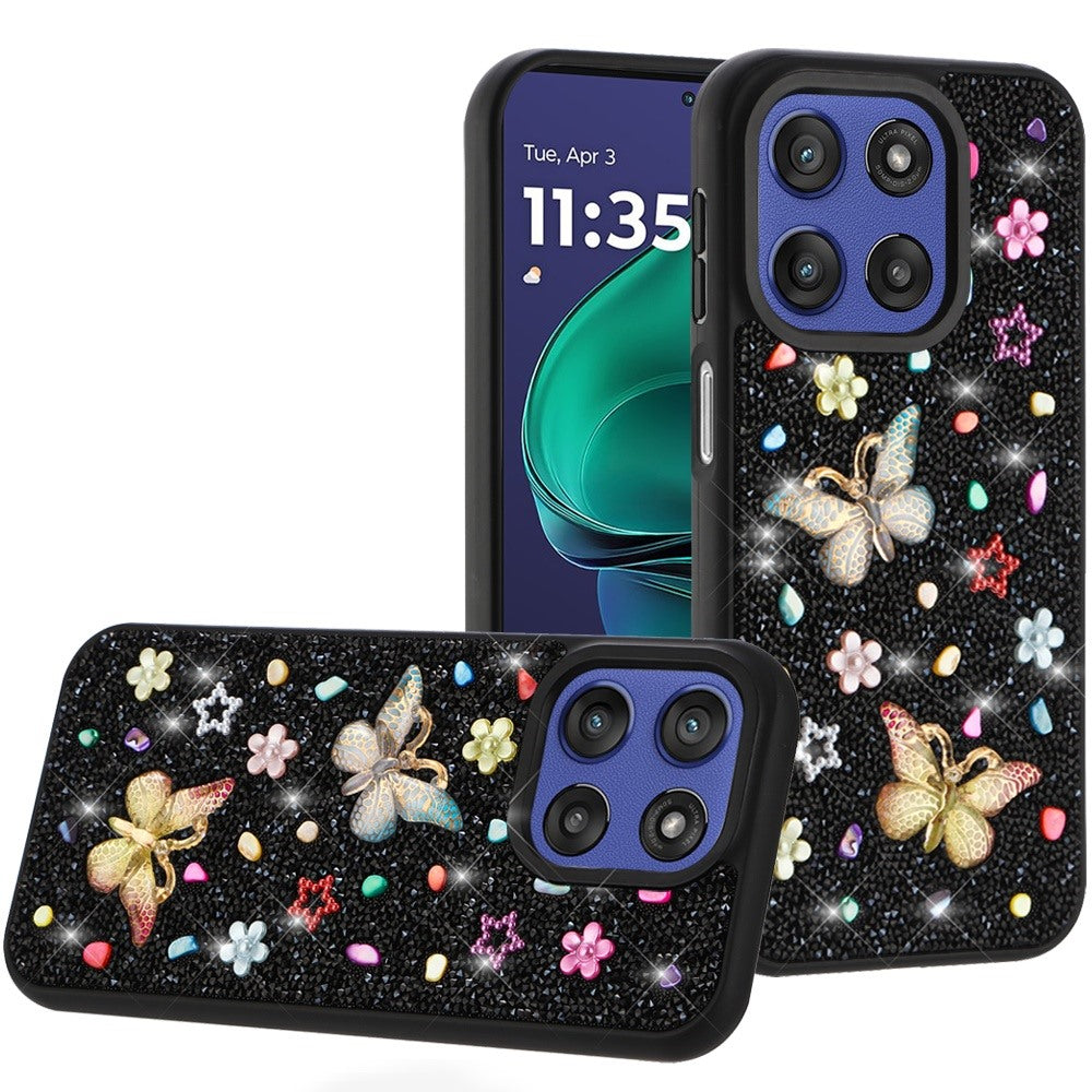 For Moto G Stylus 2025 Case Butterfly 3D Jewel Glitter Cover + Tempered Glass