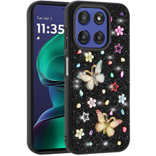 For Moto G Stylus 2025 Case Butterfly 3D Jewel Glitter Cover + Tempered Glass