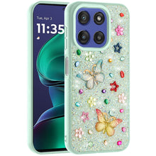 For Moto G Stylus 2025 Case Butterfly 3D Jewel Glitter Cover + Tempered Glass