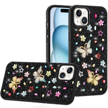 For iPhone 15 Case Butterfly 3D Jewel Glitter Bling Cover + 2 Tempered Glass