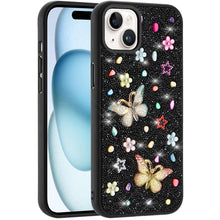 For iPhone 15 Case Butterfly 3D Jewel Glitter Bling Cover + 2 Tempered Glass