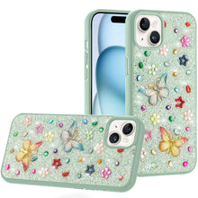 For iPhone 15 Case Butterfly 3D Jewel Glitter Bling Cover + 2 Tempered Glass