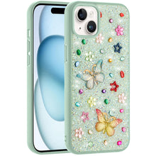 For iPhone 15 Case Butterfly 3D Jewel Glitter Bling Cover + 2 Tempered Glass