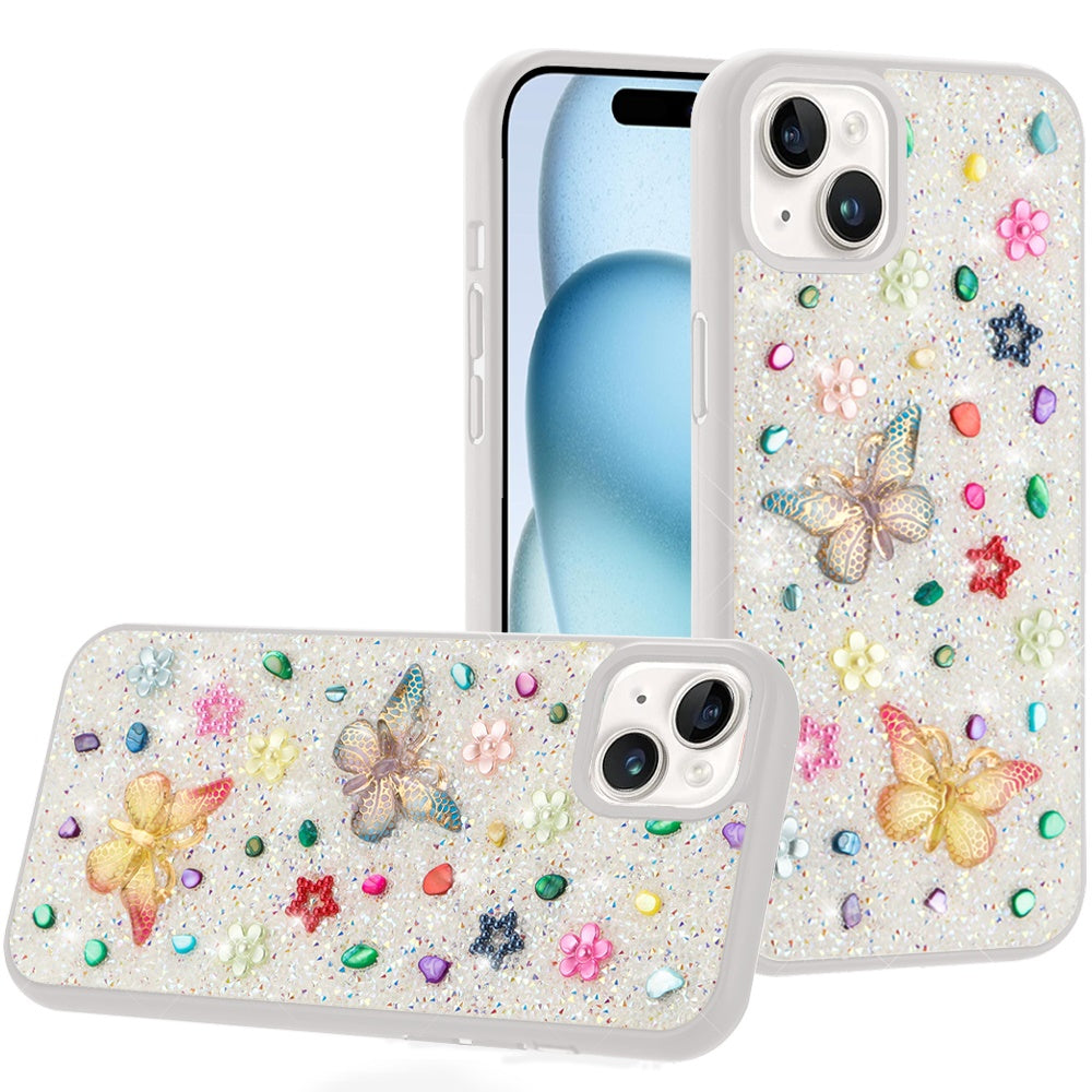 For iPhone 15 Case Butterfly 3D Jewel Glitter Bling Cover + 2 Tempered Glass