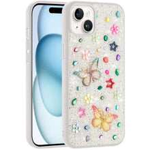 For iPhone 15 Case Butterfly 3D Jewel Glitter Bling Cover + 2 Tempered Glass