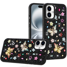 For iPhone 16 6.1inch Case Butterfly 3D Jewel Glitter Bling + Tempered Glass