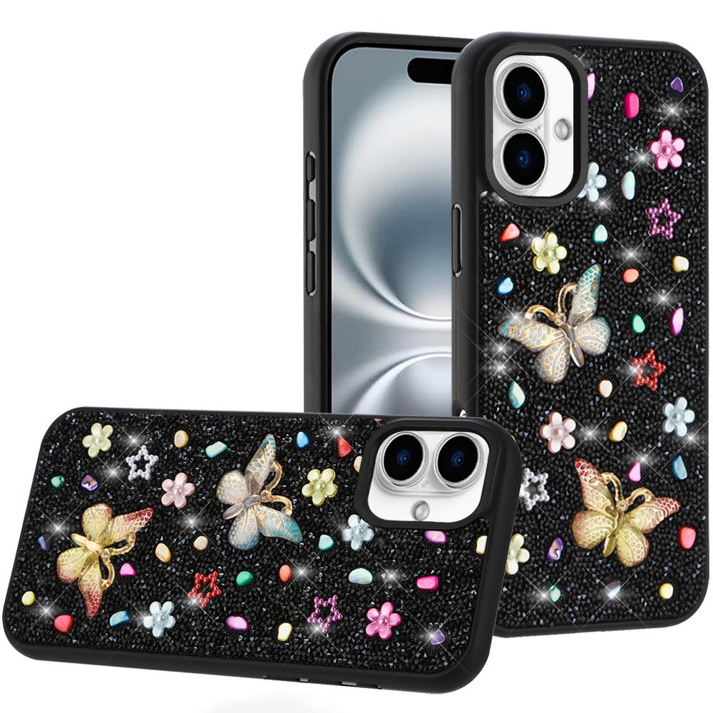 For iPhone 16 6.1inch Case Butterfly 3D Jewel Glitter Bling + Tempered Glass