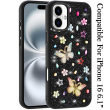 For iPhone 16 6.1inch Case Butterfly 3D Jewel Glitter Bling + Tempered Glass
