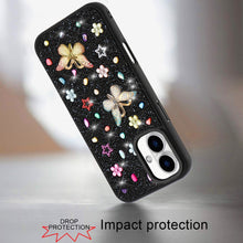 For iPhone 16 6.1inch Case Butterfly 3D Jewel Glitter Bling + Tempered Glass