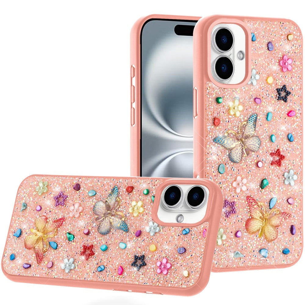 For iPhone 16 6.1inch Case Butterfly 3D Jewel Glitter Bling + Tempered Glass