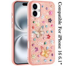 For iPhone 16 6.1inch Case Butterfly 3D Jewel Glitter Bling + Tempered Glass