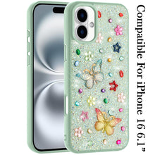 For iPhone 16 6.1inch Case Butterfly 3D Jewel Glitter Bling + Tempered Glass