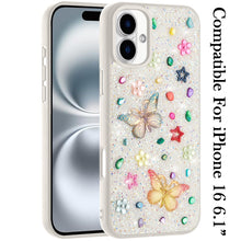 For iPhone 16 6.1inch Case Butterfly 3D Jewel Glitter Bling + Tempered Glass