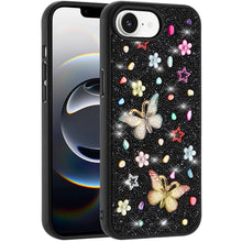 For iPhone 16e Case Butterfly 3D Jewel Glitter Bling Phone Cover +Tempered Glass