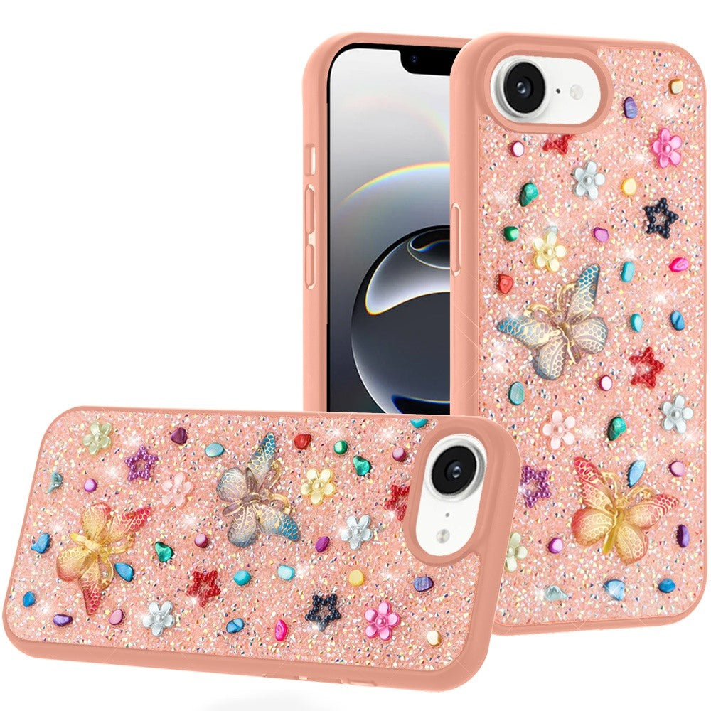 For iPhone 16e Case Butterfly 3D Jewel Glitter Bling Phone Cover +Tempered Glass