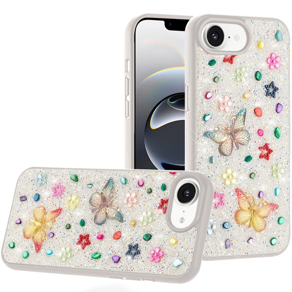 For iPhone 16e Case Butterfly 3D Jewel Glitter Bling Phone Cover +Tempered Glass