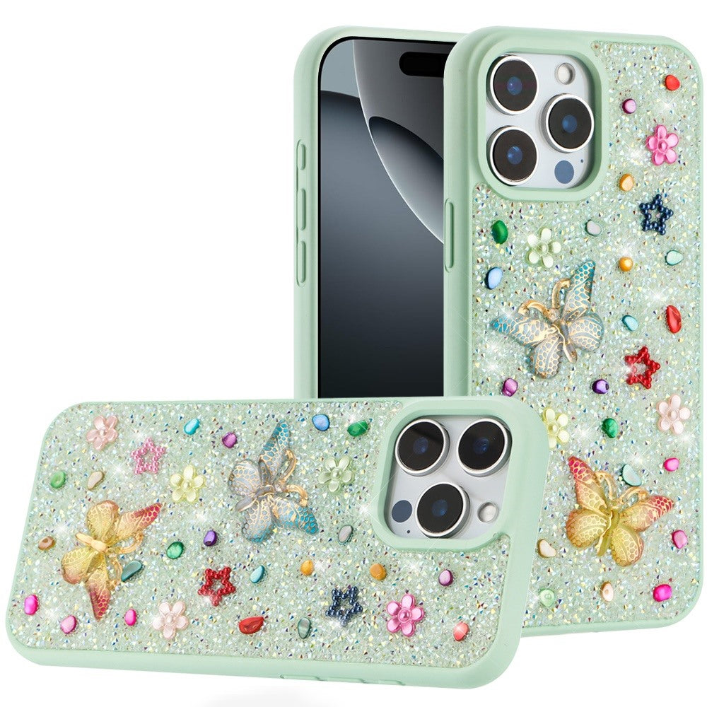 For iPhone 16 6.1inch Case Butterfly 3D Jewel Glitter Bling + Tempered Glass