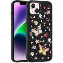For iPhone 13/14 Case Butterfly 3D Jewel Glitter Bling Cover + Tempered Glass