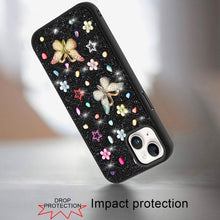 For iPhone 13/14 Case Butterfly 3D Jewel Glitter Bling Cover + Tempered Glass