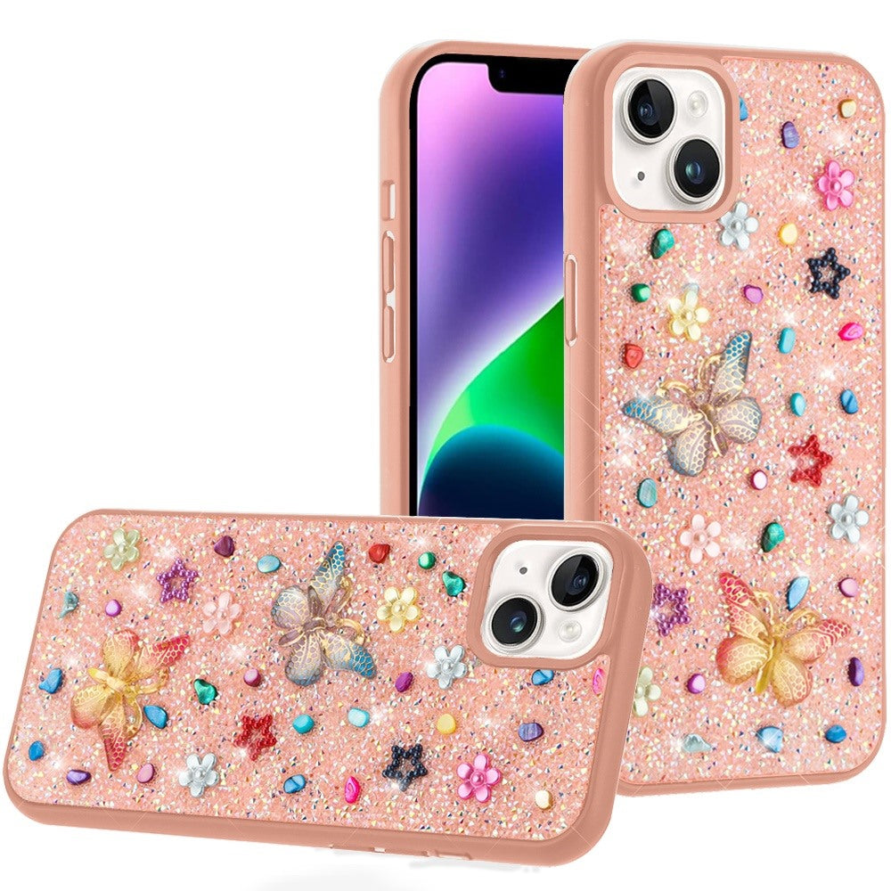 For iPhone 13/14 Case Butterfly 3D Jewel Glitter Bling Cover + Tempered Glass
