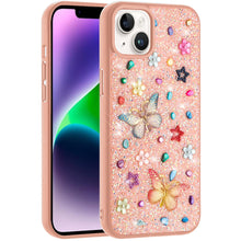 For iPhone 13/14 Case Butterfly 3D Jewel Glitter Bling Cover + Tempered Glass