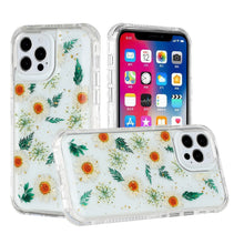 For iPhone 13 PRO Case 3in1 Pressed Flowers Epoxy Design Hybrid Phone Cover