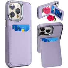 For iPhone 15 Pro Max Case PU Leather Card Cover with Mirror + 2 Tempered Glass