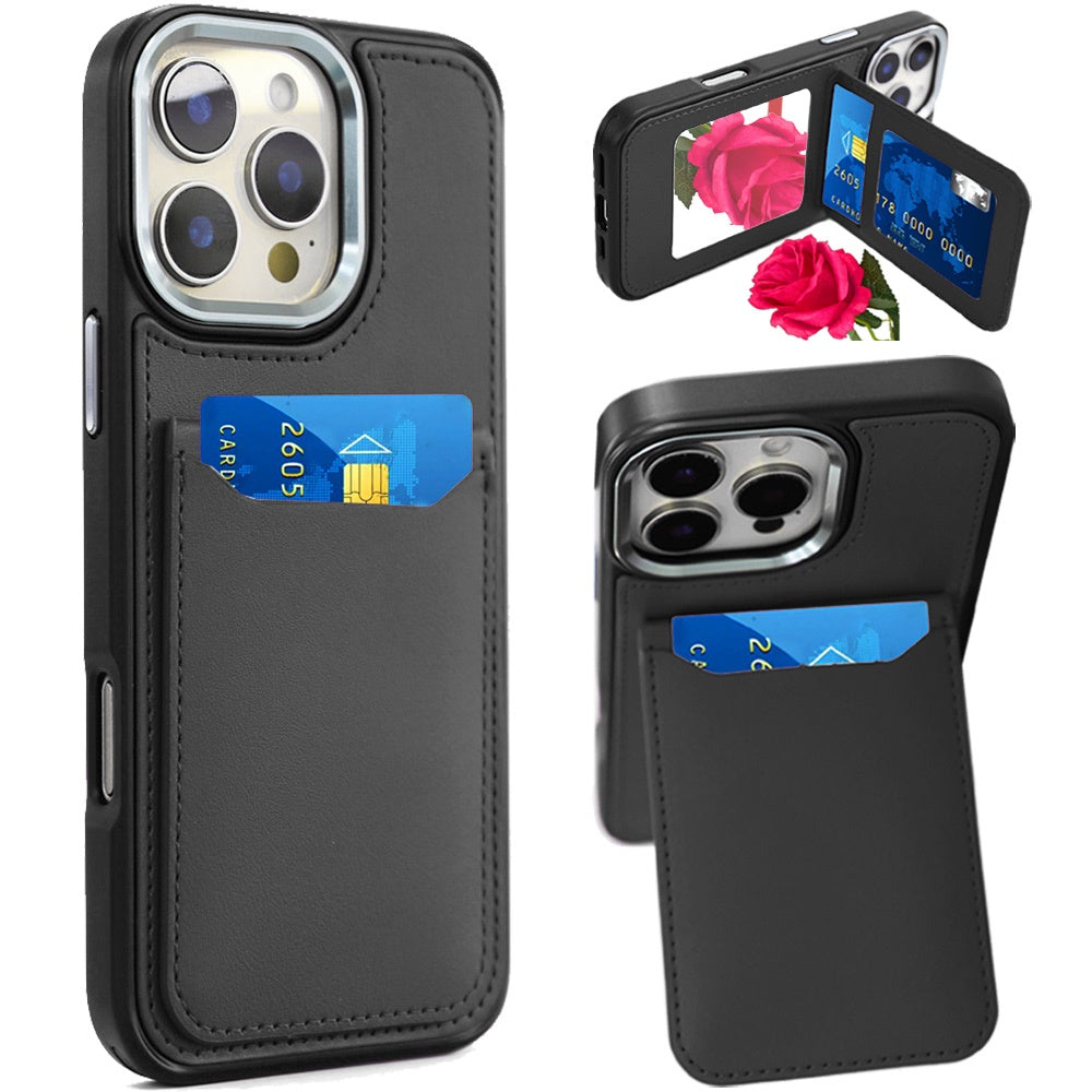 For iPhone 16 PRO MAX Case PU Leather Card Cover with Mirror + Tempered Glass