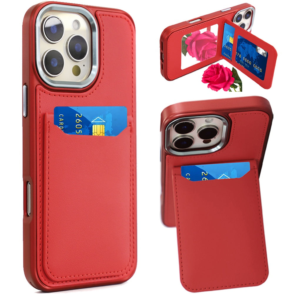 For iPhone 16 PRO MAX Case PU Leather Card Cover with Mirror + Tempered Glass