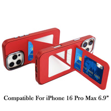 For iPhone 16 PRO MAX Case PU Leather Card Cover with Mirror + Tempered Glass