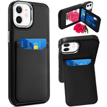 For iPhone 12/12 Pro Case PU Leather Card Cover with Mirror + Tempered Glass