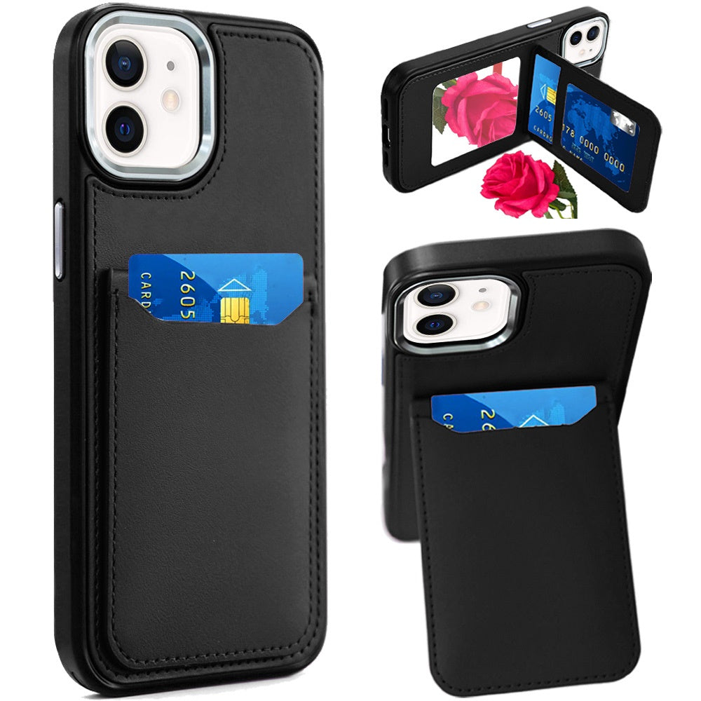 For iPhone 12/12 Pro Case PU Leather Card Cover with Mirror + Tempered Glass