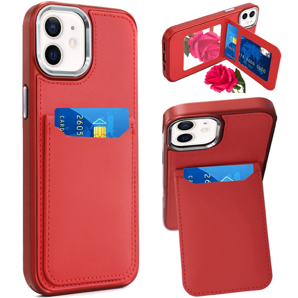 For iPhone 12/12 Pro Case PU Leather Card Cover with Mirror + Tempered Glass